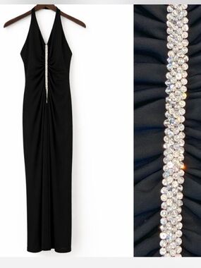 Vintage Y2K Halter Neck Plunge Beaded Sequin Maxi Dress/Gown Size 00/0 Jovani
